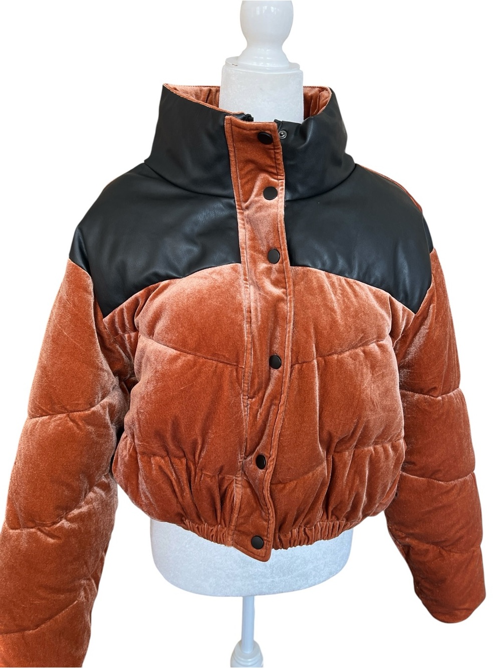 Celebrity Pink Rust Velvet Cropped Puffer with Black Faux Leather Yoke Size ZL